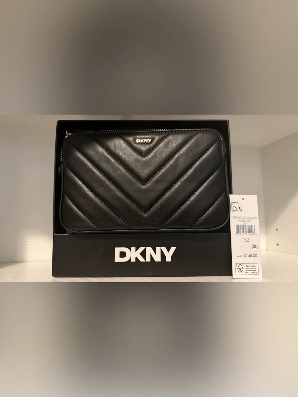 DKNY Black Quilted Chevron Leather Zip Wallet with Gold Logo